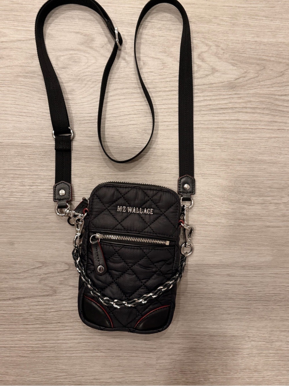 MZ WALLACE Micro Crosby Crossbody Bag Black Quilted Nylon Red Trim Travel - Picture 2 of 12